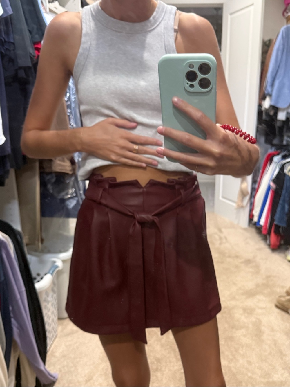 june & hudson burgundy tie-waist leather mini skirt